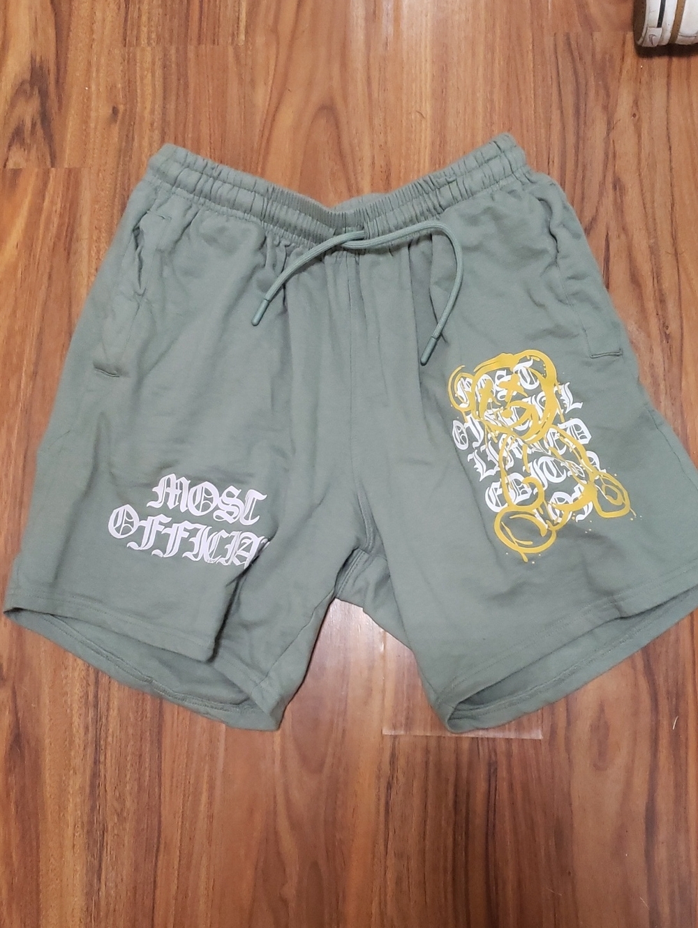 Mens Olive Green Graphic Athletic Shorts with Drawstring